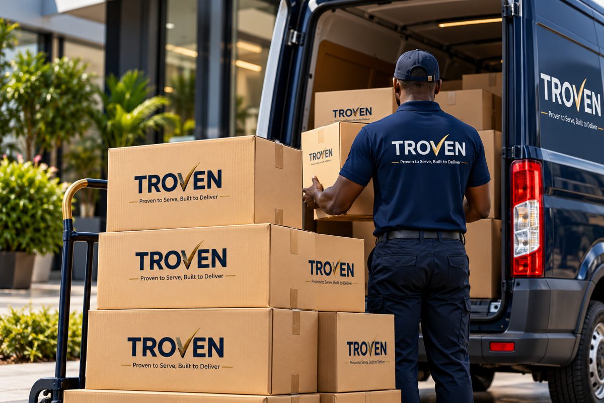 Troven delivery team loading branded cartons